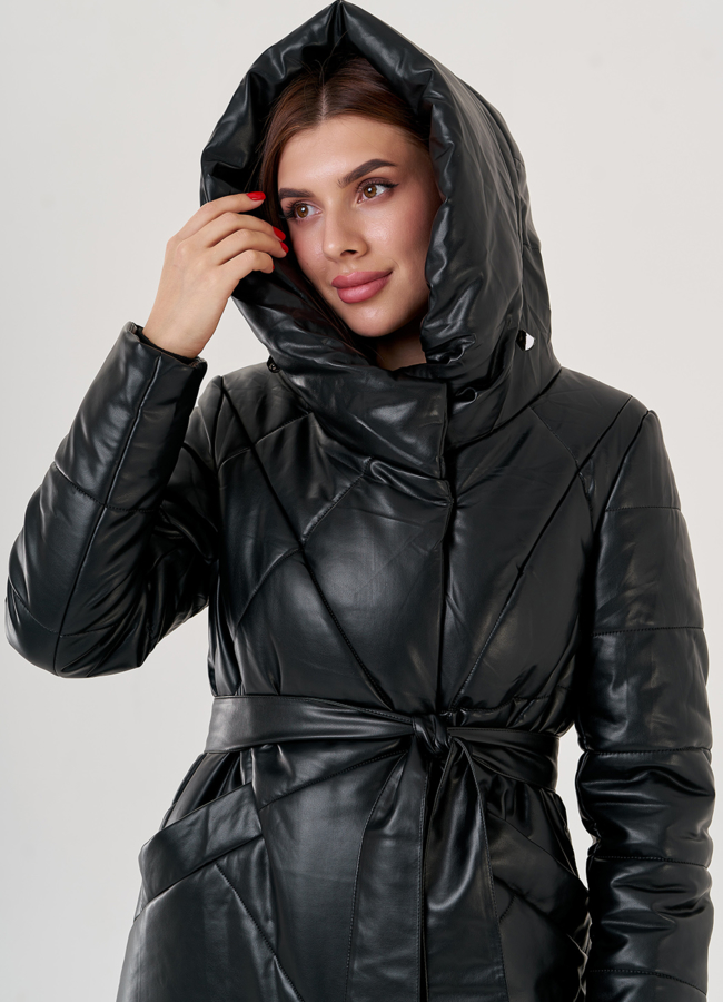 Черный длинный пуховик из эко кожи Malina Siberian модель № 79130 универмаг малина