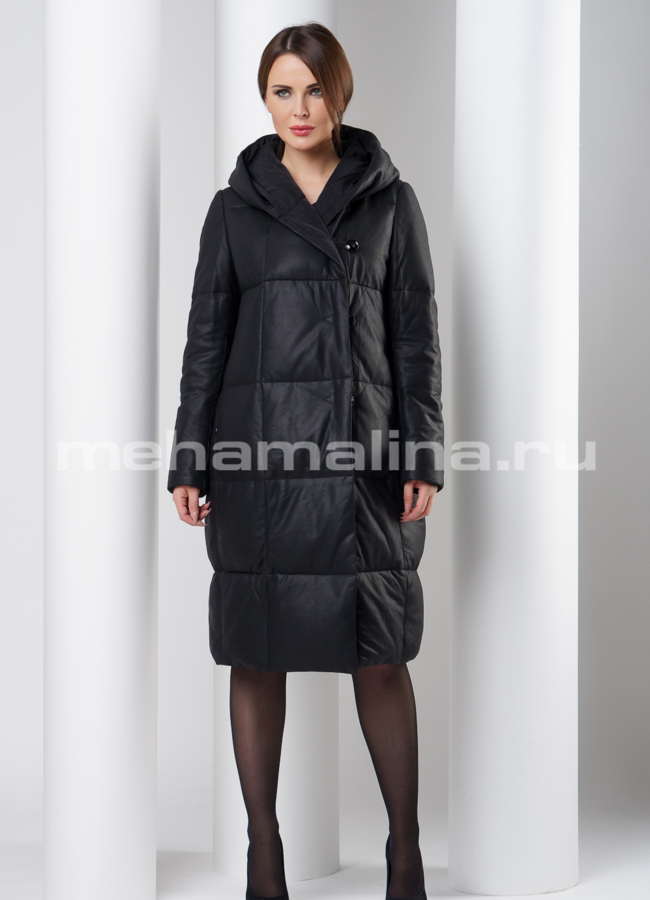 Кожаное пальто с капюшоном модель № K-387 в кредит