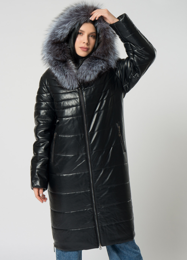 Пуховик из эко кожи черного цвета  модель № 22007 в кредит