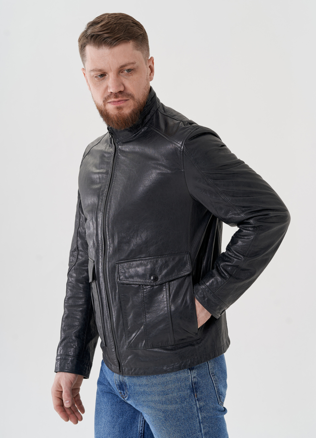 фото Мужская кожаная куртка серого цвета  модель № 24481