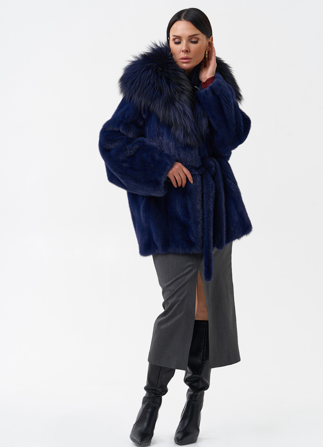 Синяя норковая шуба с капюшоном модель № 28098 универмаг малина