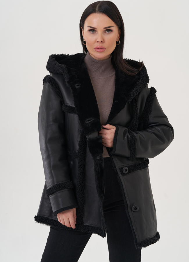 Женская дубленка с капюшоном  модель № 26043 меха малина