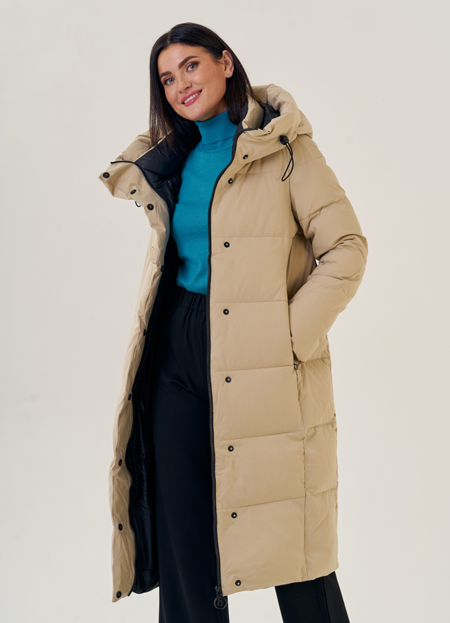 Женский пуховик  бежевого цвета с капюшоном модель № 23172 универмаг малина