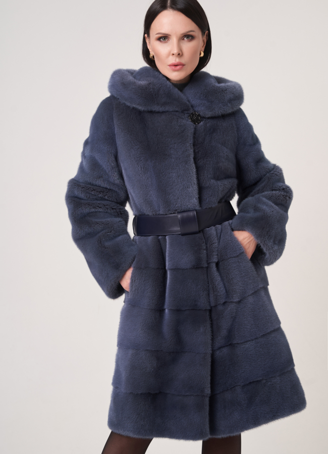 фото Шуба из норки на поясе с капюшоном модель № S-756