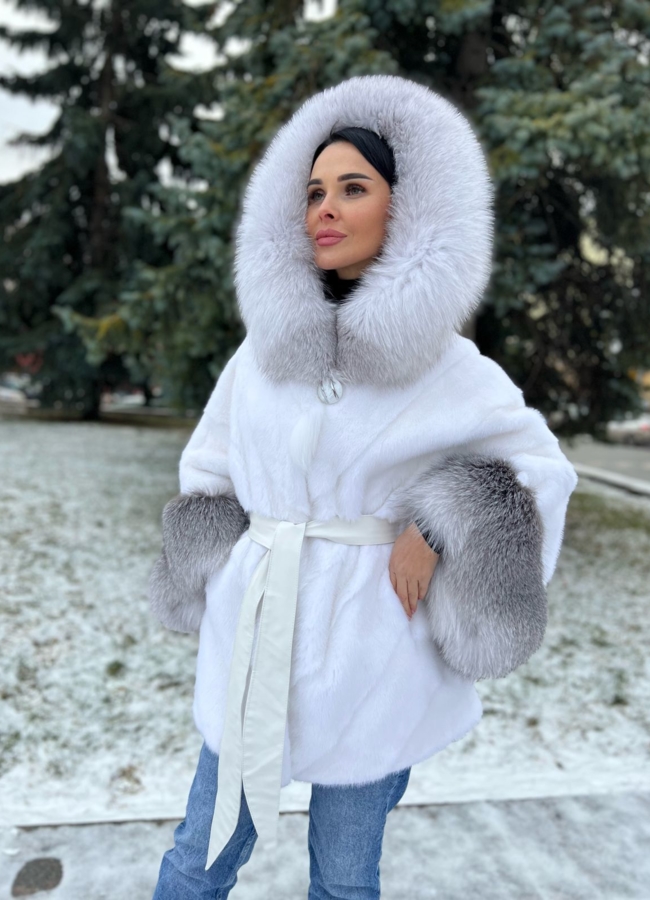 Норковая шуба с капюшоном отделка  из песца  модель № 79234 универмаг малина