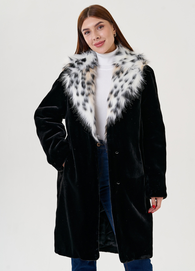 Полупальто черного цвета  с воротником из искусственной рыси  модель № 79438 меха малина