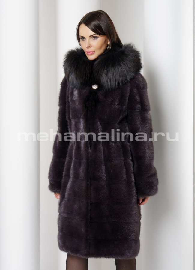 Норковая шуба с капюшоном отделка чернобурка модель № S-747 меха малина