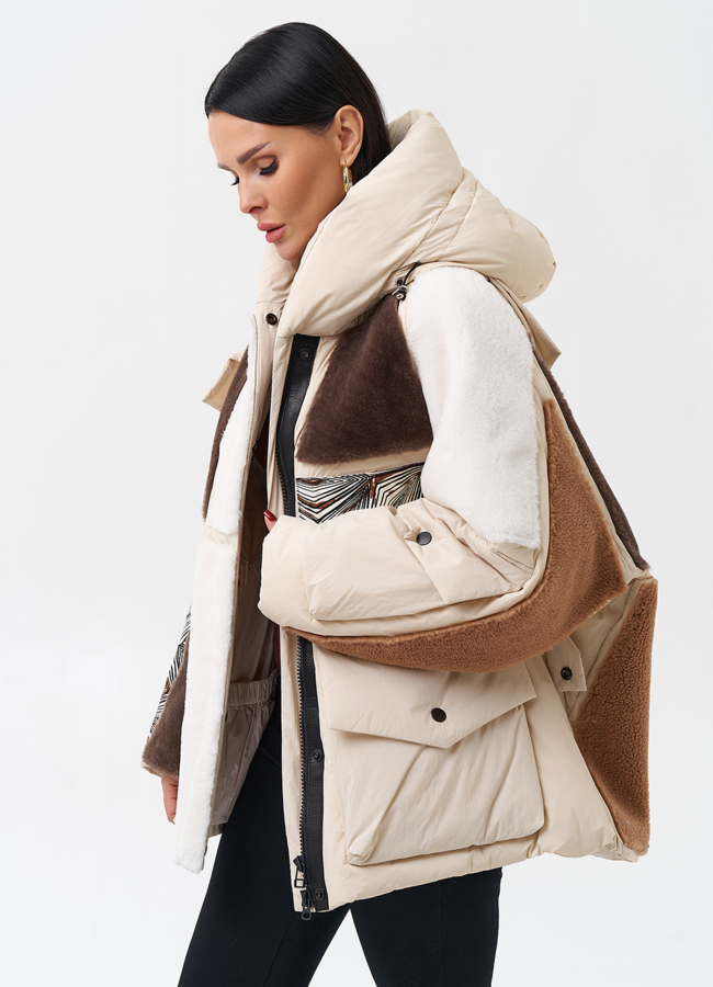 Комбинированный женский пуховик с капюшоном модель № 28376 универмаг малина