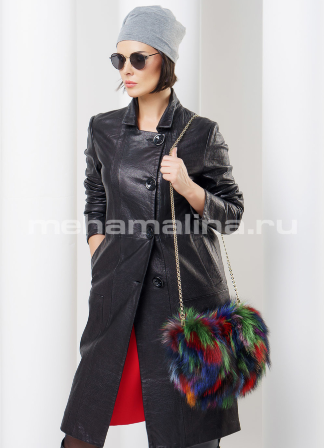 Кожаный плащ модель № K-315 меха малина
