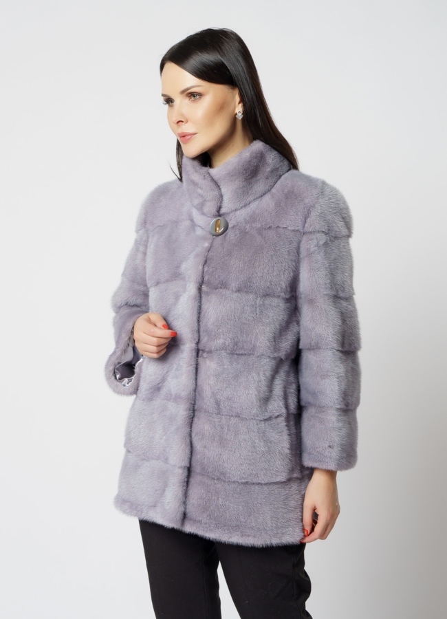 Норковая шуба с воротником стойкой голубого цвета модель № S-812 в рассрочку