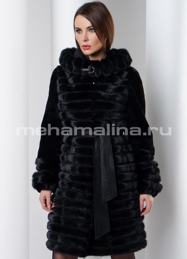 Норковая шуба с капюшоном модель № S-542 меха малина