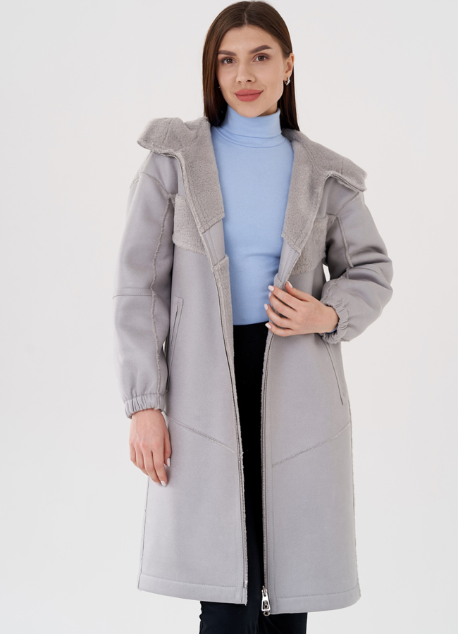 Женская эко дубленка в сером цвете модель № 24315 универмаг малина