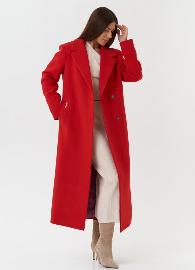Яркое пальто с английским воротником модель № 28087 универмаг малина