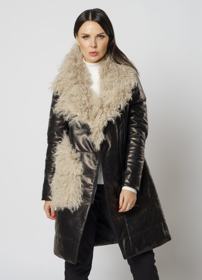 Полупальто женское из натуральной кожи черного цвета модель № 18236 меха малина