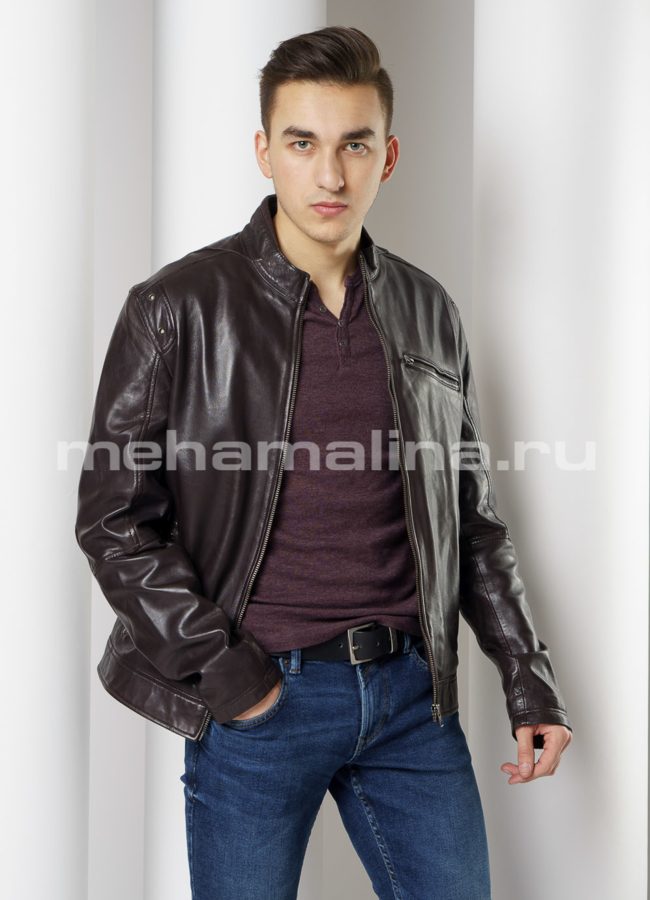 Куртка из натуральной кожи на молнии модель № 515 меха малина