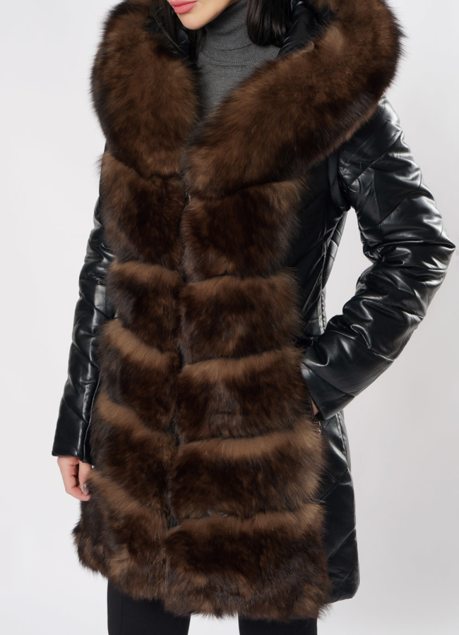 Пуховик трансформер из эко кожи черного цвета модель № 19244 универмаг малина