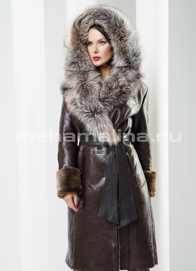 Дубленка на пуговицах, капюшон лиса модель № D-119 в кредит