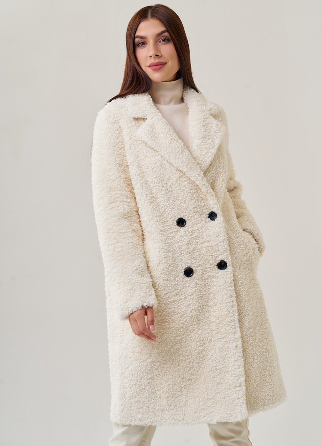 Двубортное женское пальто из искусственного меха модель № 23239 меха малина