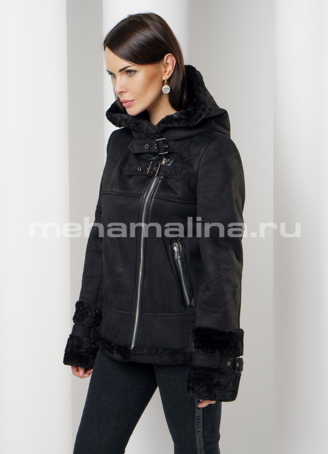 Эко дубленка на молнии с капюшоном в черном цвете модель № 9186 универмаг малина