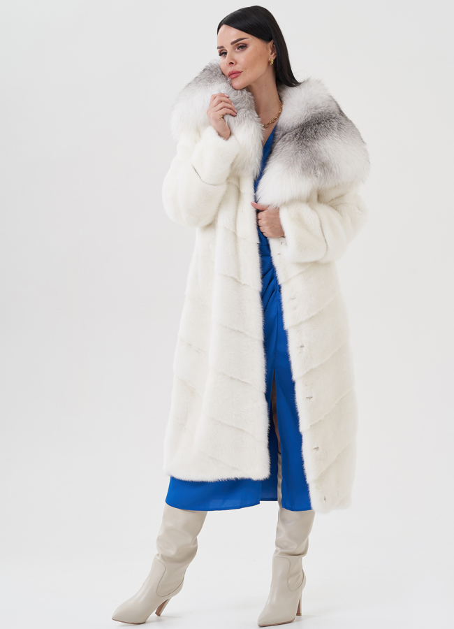 фото Норковая шуба с капюшоном отделка  из песца  модель № 24652