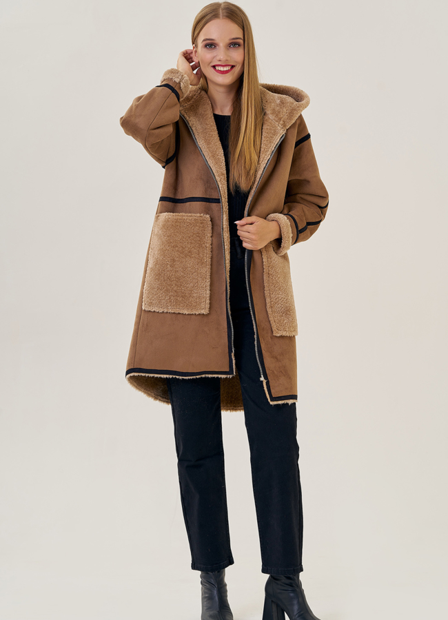 Женская эко дубленка с капюшоном модель № 22958 в рассрочку