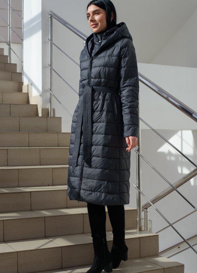 Пальто женское приталенное серого цвета  модель № 22554 в рассрочку