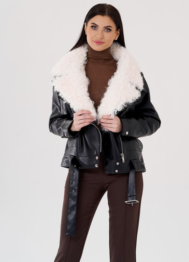 Куртка косуха на утеплении с отделкой натуральный козлик модель № 3022 меха малина Куртка косуха на утеплении с отделкой натуральный козлик модель № 3022 меха малина