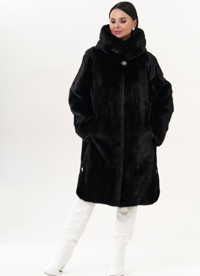 Норковая шуба черного цвета модель № 25606 меха малина