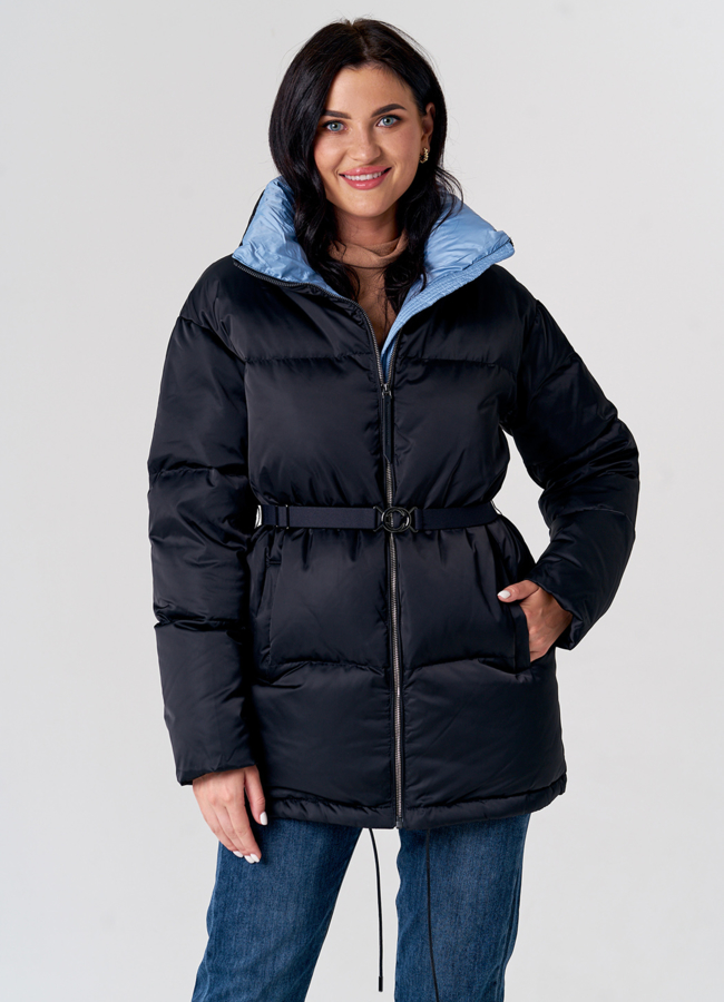 Пуховик женский с воротником стойкой в черном цвете модель № 21570 меха малина