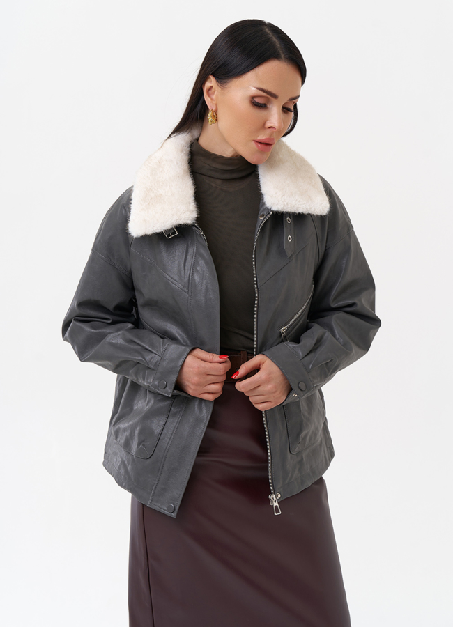 фото Куртка из эко кожи на утеплителе с натуральным мехом модель № 2180