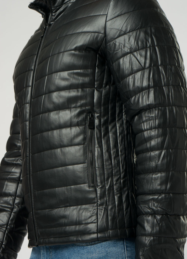 Мужской пуховик из эко кожи черного цвета модель № 21960 универмаг малина