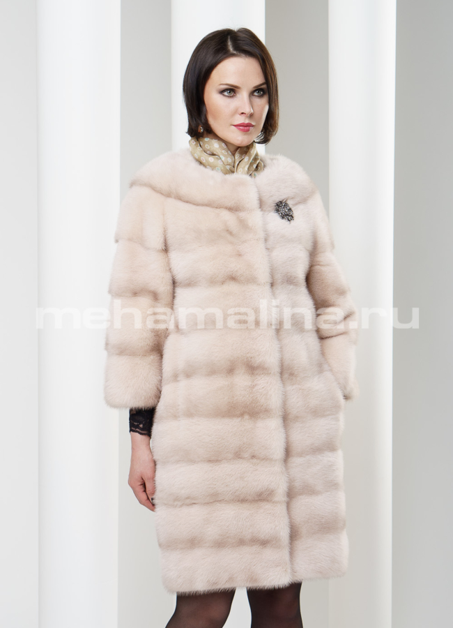 Шуба из норки, воротник шанель, цвет пудра модель № S-187 в кредит