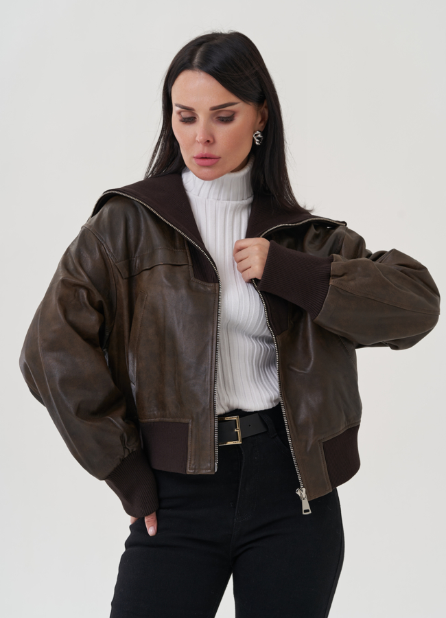 Куртка из натуральной кожи с трикотажным воротником модель № 25351 в рассрочку