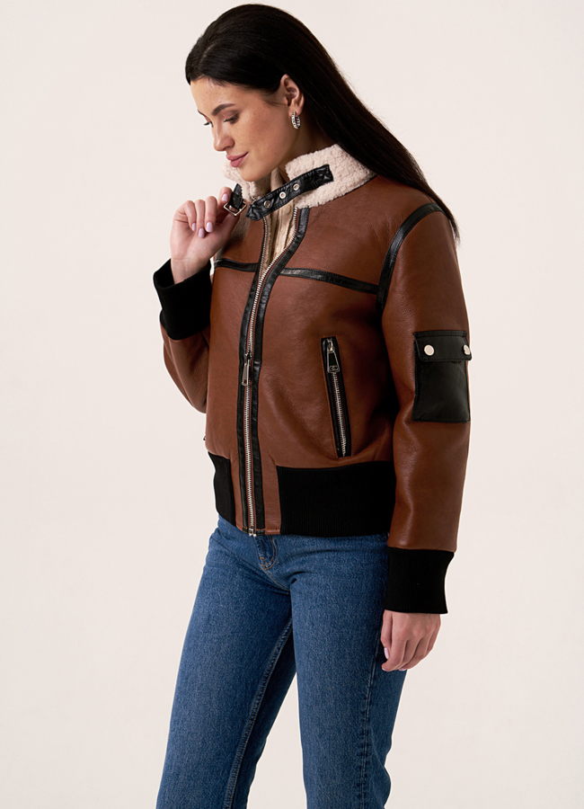 Укороченная искусственная дубленка на молнии со стойкой модель № 2051 в кредит