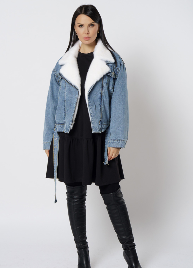 фото Утепленная джинсовая куртка с отделкой из норки модель № 21831