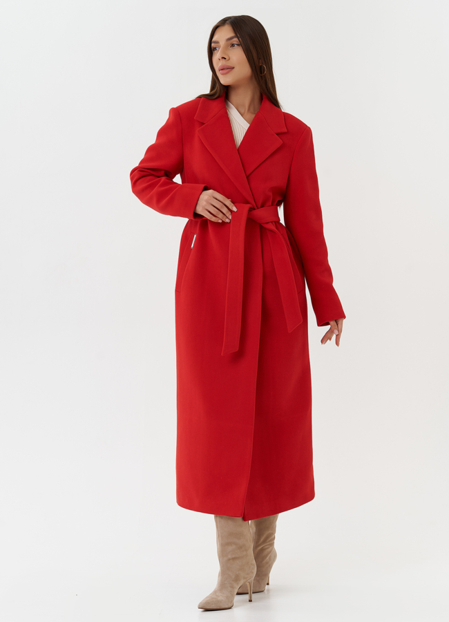 Яркое пальто с английским воротником модель № 28087 меха малина
