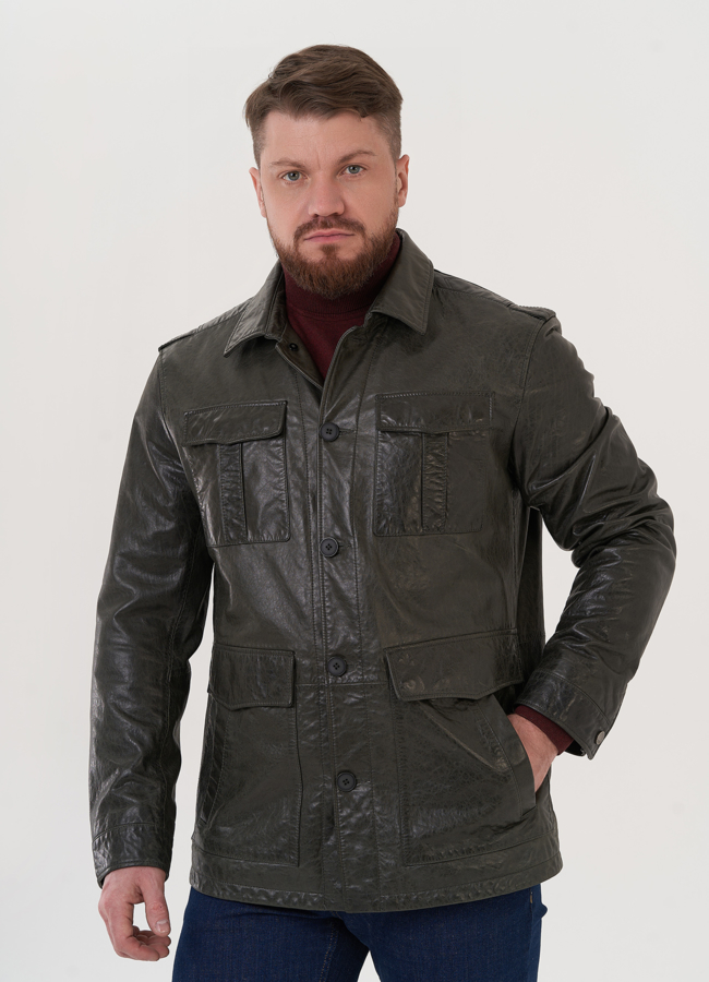 фото Куртка из натуральной кожи зеленого цвета модель № W812