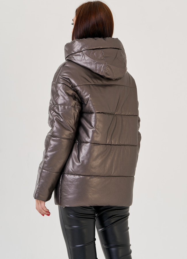 фото Укороченный женский пуховик из эко кожи Malina Siberian модель № 23372