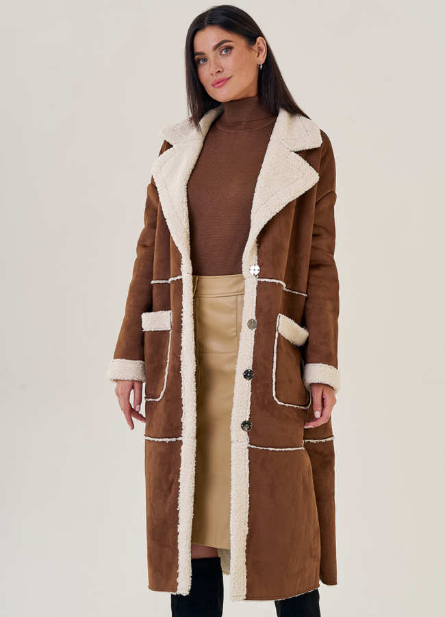 Длинная женская дубленка из искусственного меха модель № 23198 универмаг малина