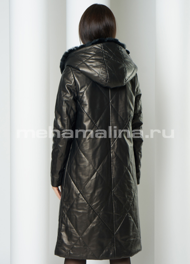 Кожаный пуховик черного цвета на пуговицах с капюшоном модель № 926 в кредит