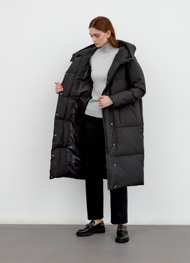 Длинный черный пуховик модель № 79411 универмаг малина