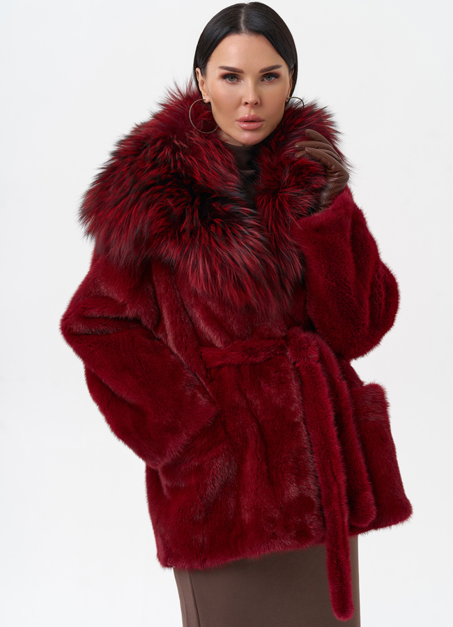 Бордовая шуба из норки модель № 29261 универмаг малина
