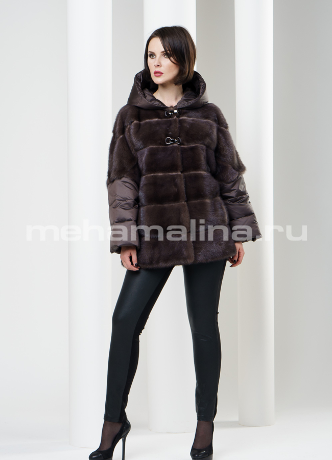 Шуба из норки с рукавами и капюшоном с пуховым наполнением модель № S-188 универмаг малина