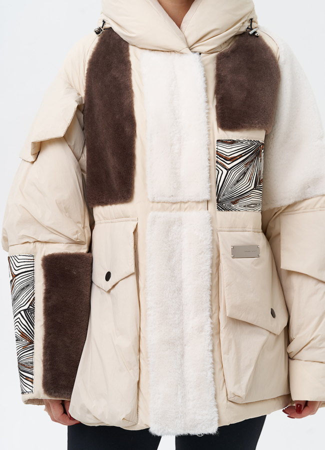 Комбинированный женский пуховик с капюшоном модель № 28376 универмаг малина