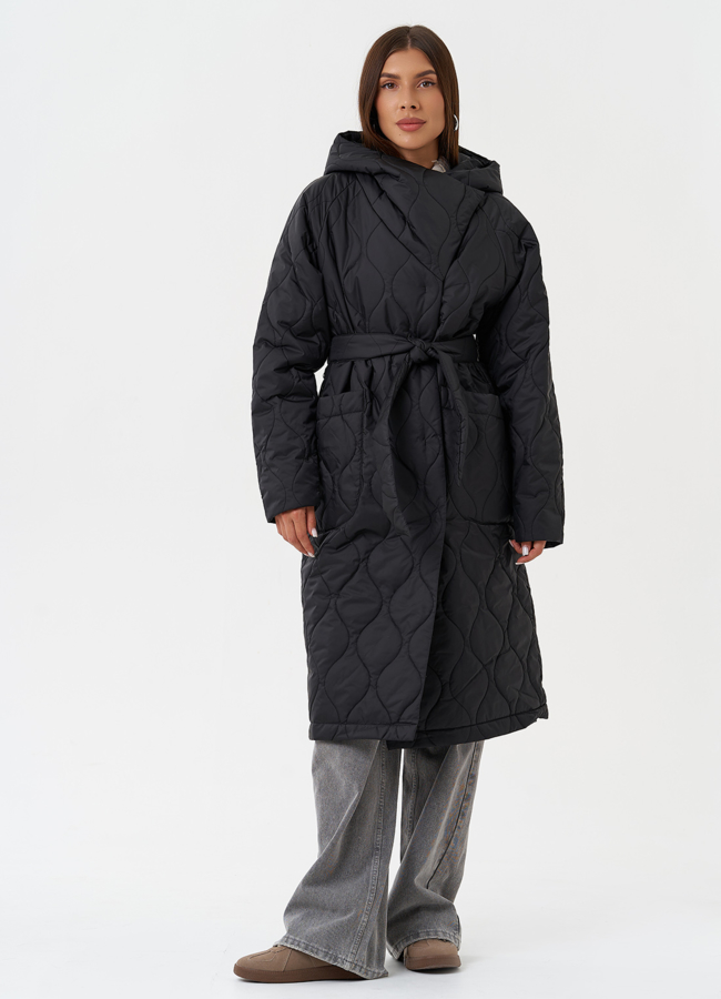 Стеганое пальто с капюшоном модель № 28437 меха малина