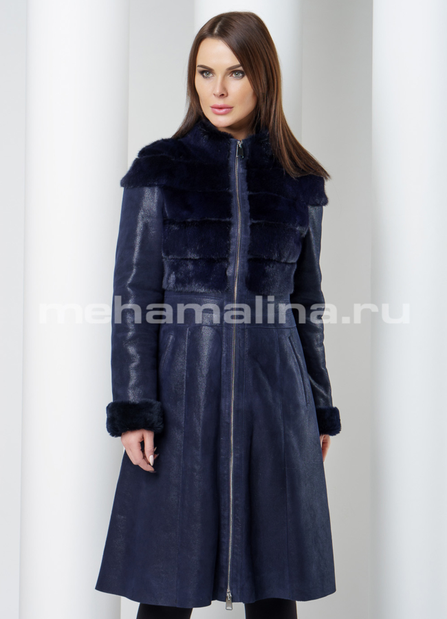 Дубленка синего цвета модель № D-187 меха малина