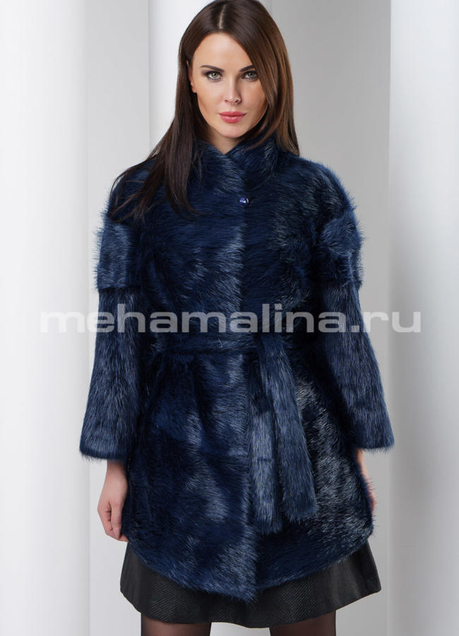 Шуба синего цвета модель № S-548 меха малина