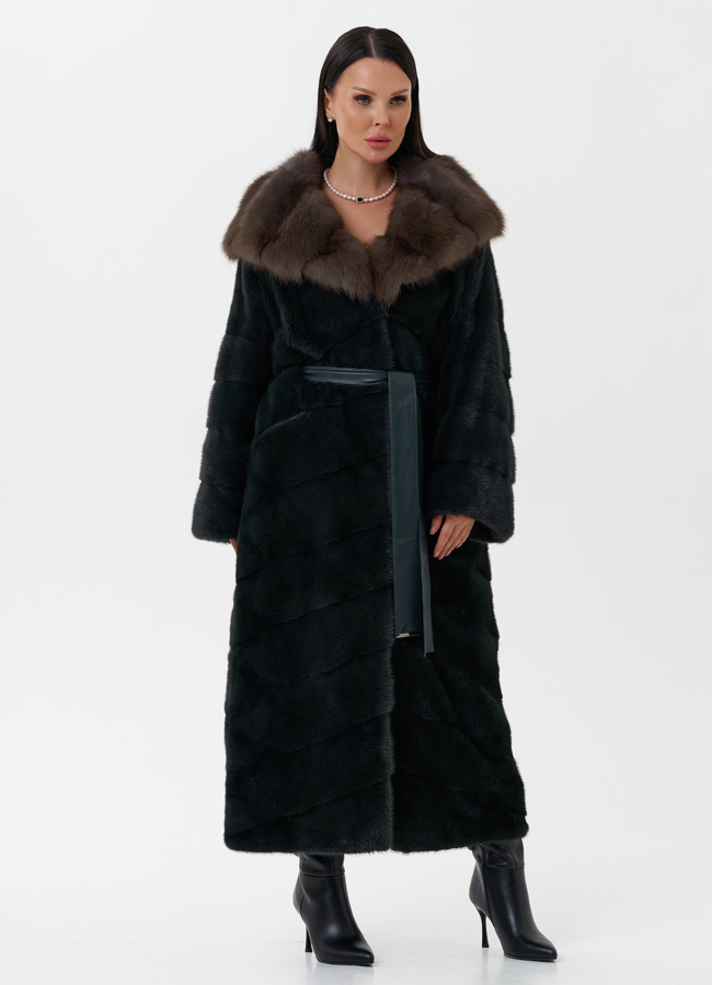 Длинная норковая шуба с капюшоном из куницы модель № 27849 в рассрочку