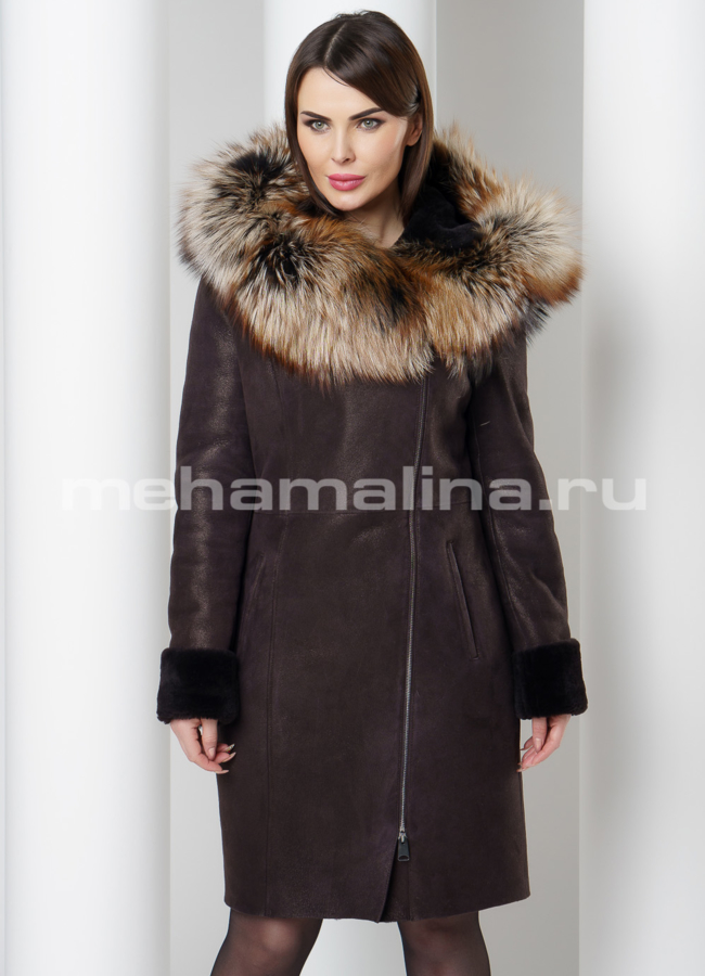 Дубленка с покрытием модель № D-202 меха малина