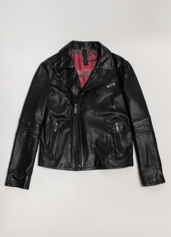 Куртка кожаная черного цвета модель № 21156 меха малина